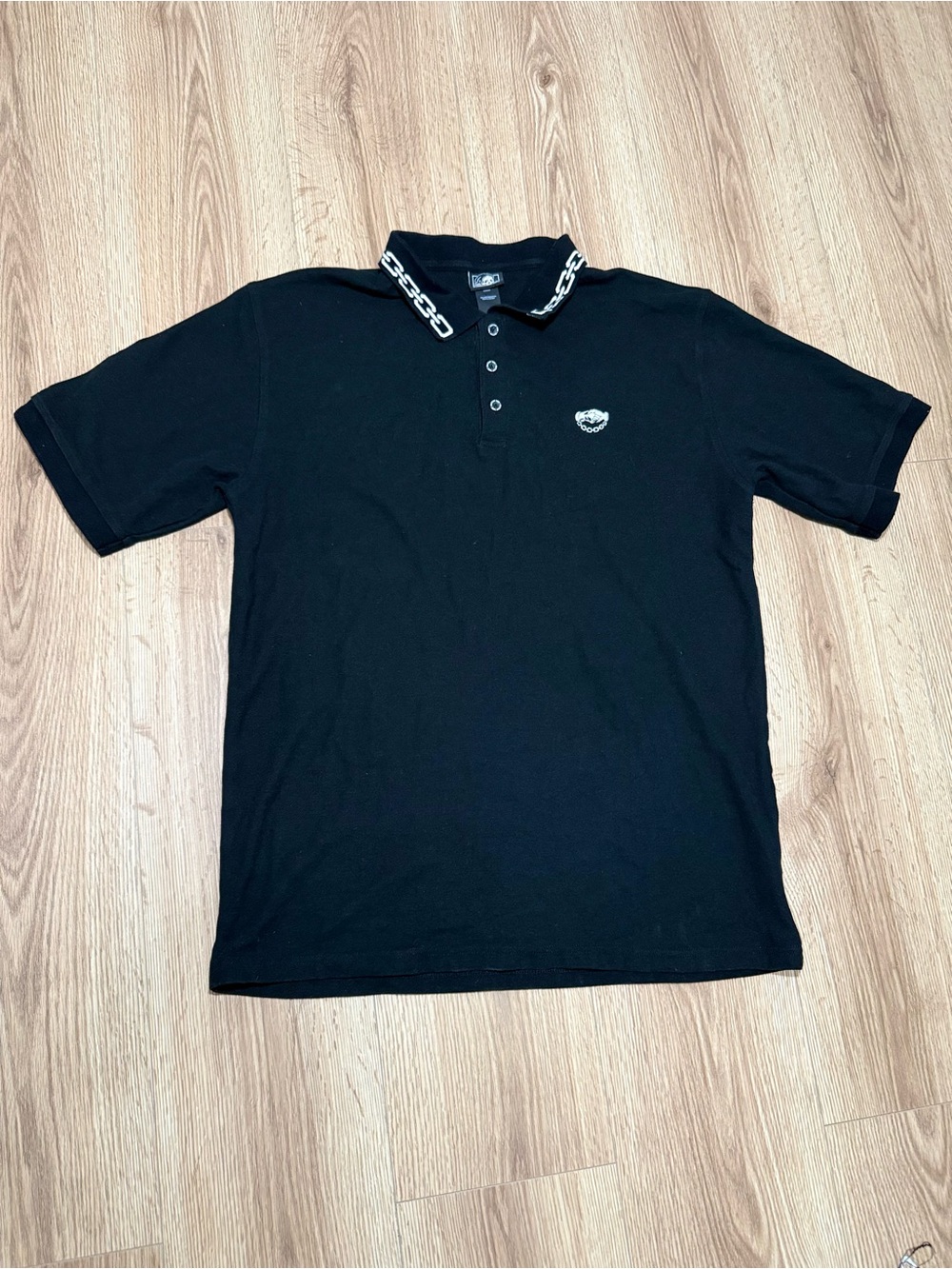 Loser Machine Men's L Black Polo Shirt Chain Collar Handshake Embroidered Biker